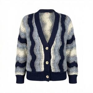 A8 FAHERTY Blue White Indigo Waves Crochet Baby Alpaca Sweater Cardigan Sz S